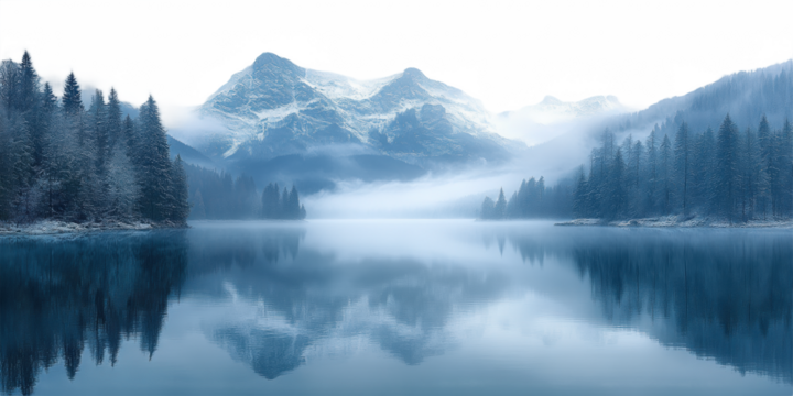Serene Winter Lake with Snowy Mountains on transparent background