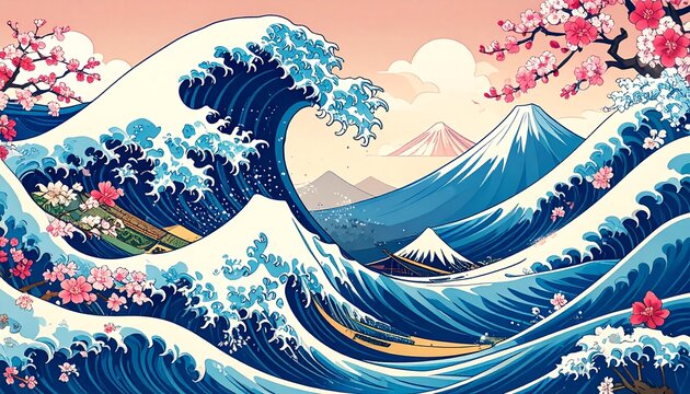 Great wave in ocean as Japanese style illustration wallpaper