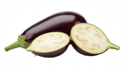 Three eggplants arranged in a triangle with one halved, isolated on transparent background