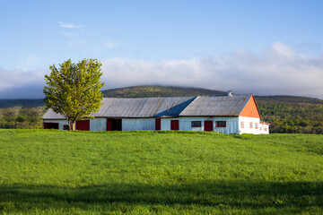 Long white wooden farm two-part building seen during a sunny spring morning in a rural sector of Quebec City, Quebec, Canada