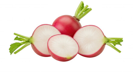 Close-up of four radishes with green tops on transparent background