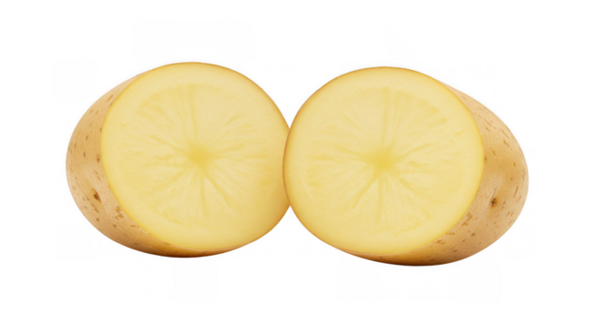 Single potato bisected lengthwise with pale yellow flesh and light brown skin on transparent background