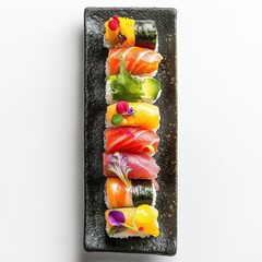 Assorted sushi pieces on black plate isolated on white background