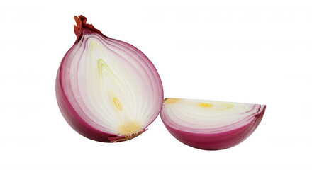 Two halves of a red onion with concentric circles on transparent background