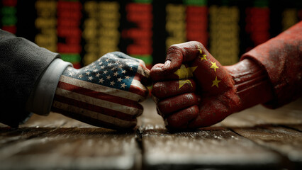 US vs China Arm-Wrestling with Stock Market Background
