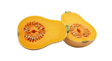 Halved butternut squash with star-shaped seed cavity on transparent background
