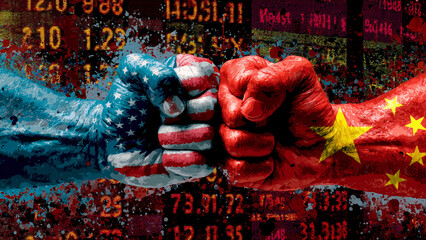 US vs China Arm-Wrestling with Stock Market Background