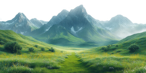 Serene Mountain Meadow Landscape on Transparent Background