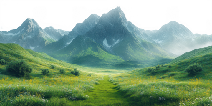 Serene Mountain Meadow Landscape on Transparent Background