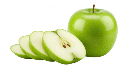 Two green apples, one sliced into four segments, isolated on transparent background