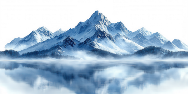 Majestic Snow Covered Mountains Reflected in a Calm Lake on transparent background