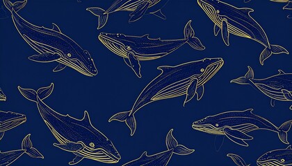 Dark blue art background with whales in gold line style.