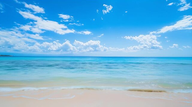 Azure Sea Waters Meet White Sandy Beach under Bright Blue Sky in a Peaceful Tropical Landscape