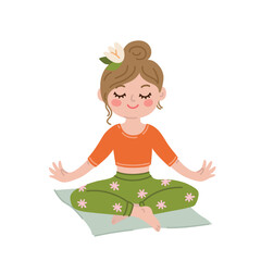 Cartoon illustration of a girl sitting in a lotus position during a yoga class. Can be used for posters, websites, blogs and more. Vector flat style
