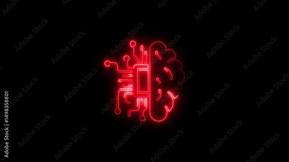 Poster neon red artificial intelligence brain circuitry on a black background