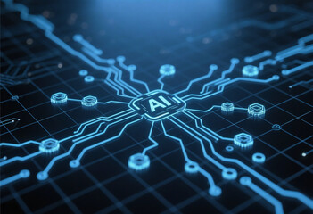 Obraz premium AI logo displayed on a circuit board, symbolizing the integration of artificial intelligence technology.