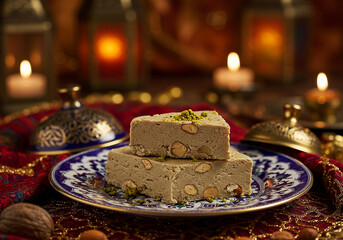 Fototapeta premium Halva Dessert with Almonds on Decorated Plate Still Life