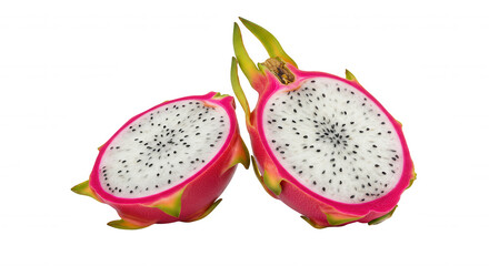 Close-up of split dragon fruit with pink skin, white flesh, and black seeds on transparent background