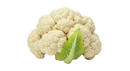 Fresh cauliflower head with green leaf on transparent background