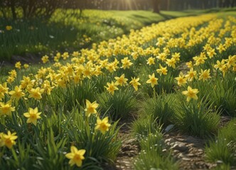 Fototapeta premium Sunlit daffodils burst forth in vibrant yellow against a lush green field , plant, sunny, day
