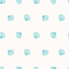 Hand drawn nautical pattern in blue, turquoise. Shells in a repeating seamless pattern with sea life.