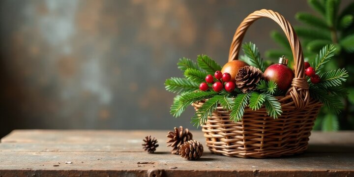 A rustic wicker basket filled with vibrant evergreen boughs, festive ornaments, and glistening red berries rests on a weathered wooden surface, creating a charming winter scene.