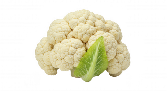 Fresh cauliflower head with green leaf on transparent background