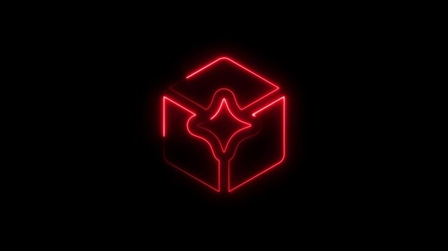 Glowing red neon cube with star icon on black background animation