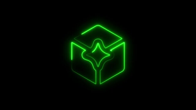 Animated green neon futuristic logo of a glowing cube shape on black background