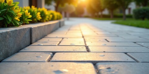 Golden Hour Pathway  A sunlit paved walkway lined with vibrant yellow flowers, showcasing a tranquil outdoor scene at sunset.