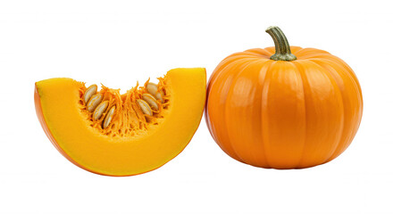 Whole and halved pumpkins with seeds on transparent background