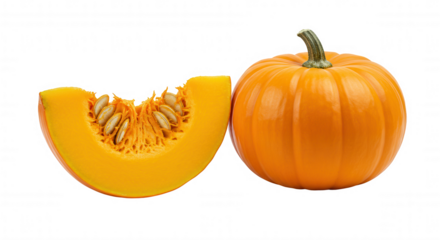 Whole and halved pumpkins with seeds on transparent background