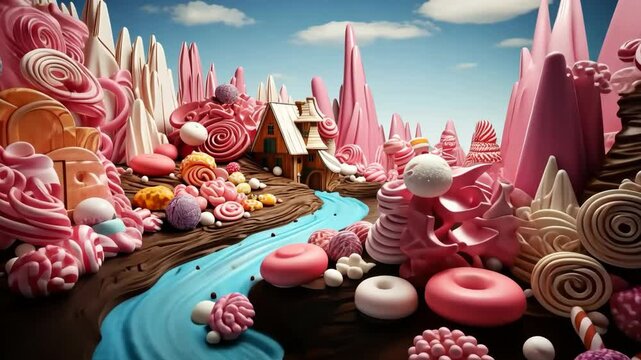 Candy land with a gingerbread house and a turquoise river flowing