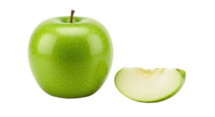 Single vibrant green apple and slice with light brown stem on transparent background