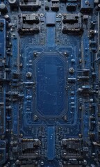 Blue circuit boards arranged in architectural design, top-down view ,  grid,  form