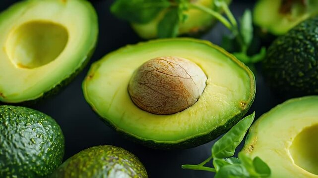 Close up of Green Avocados with Seed Visible on a Dark Background for Adobe Stock Photo