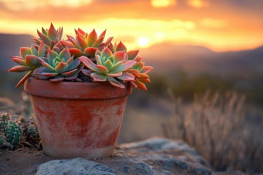 Sunset illuminates a terracotta pot of vibrant Echeveria succulents, creating a serene desert scene.