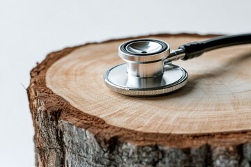 Stethoscope resting on a tree stump.  A medical tool on natural wood
