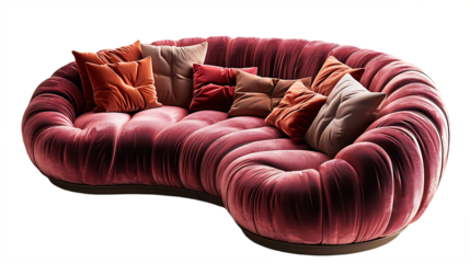 Luxury curved sofa with warm tone cushions isolated on transparent background