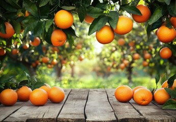 Fresh oranges on a wooden table amidst an orange grove