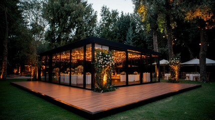 Modern Glass Pavilion Wedding Reception Venue at Night