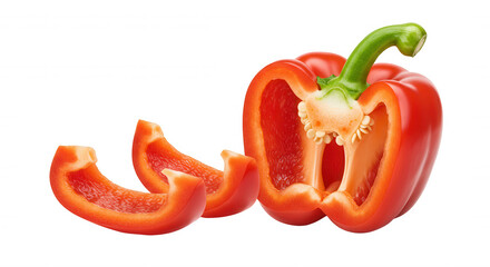 Close-up of a bisected red bell pepper with seeds and stem on transparent background