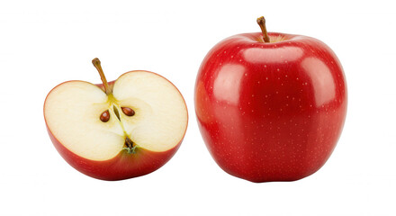 Two apples, one cut in half, on transparent background