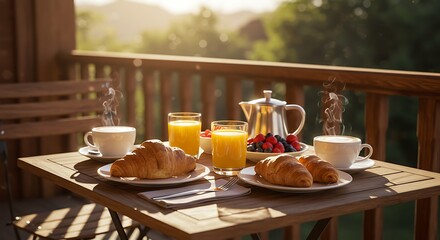 Breakfast with Croissants and Cappuccino on Balcony in Morning Sunlight