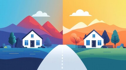 Boundaries visualized, line between home and work zones, flat design illustration