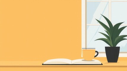 Creative rest, sketchbook and tea near window, flat design illustration