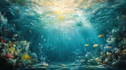 Fototapeta premium Sunlit underwater coral reef scene with fishes, illustrating a tranquil ocean environment