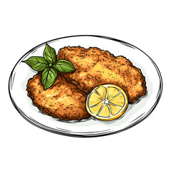Professional hand drawn sketch of German Schnitzel with lemon for culinary designs