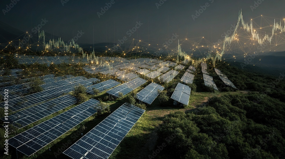 Poster aerial shot of solar array with glowing network elements