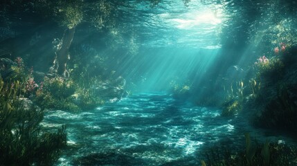 Fototapeta premium Ethereal underwater realm, sunbeams illuminating a serene aquatic environment